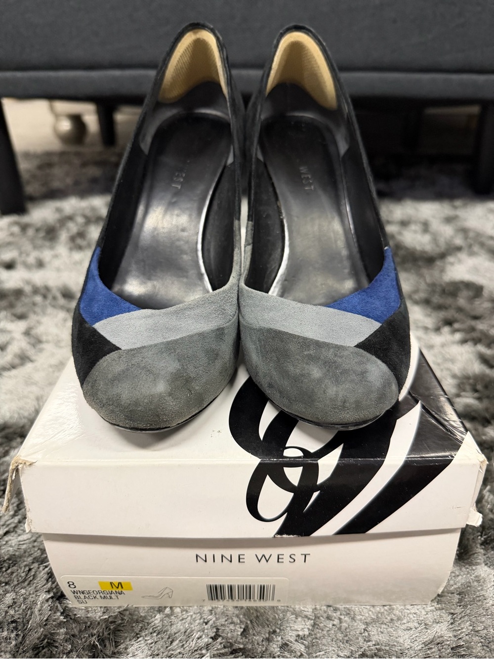 Nine West Suede Colorblock Slip On Round Toe Pump Heel in Blue, Gray & Black